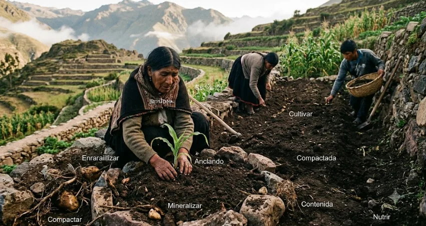 Enraizar, Mineralizar, Compactar, Anclar, Nutrir, Contener, Cultivar, Sembrar, Fertilizar